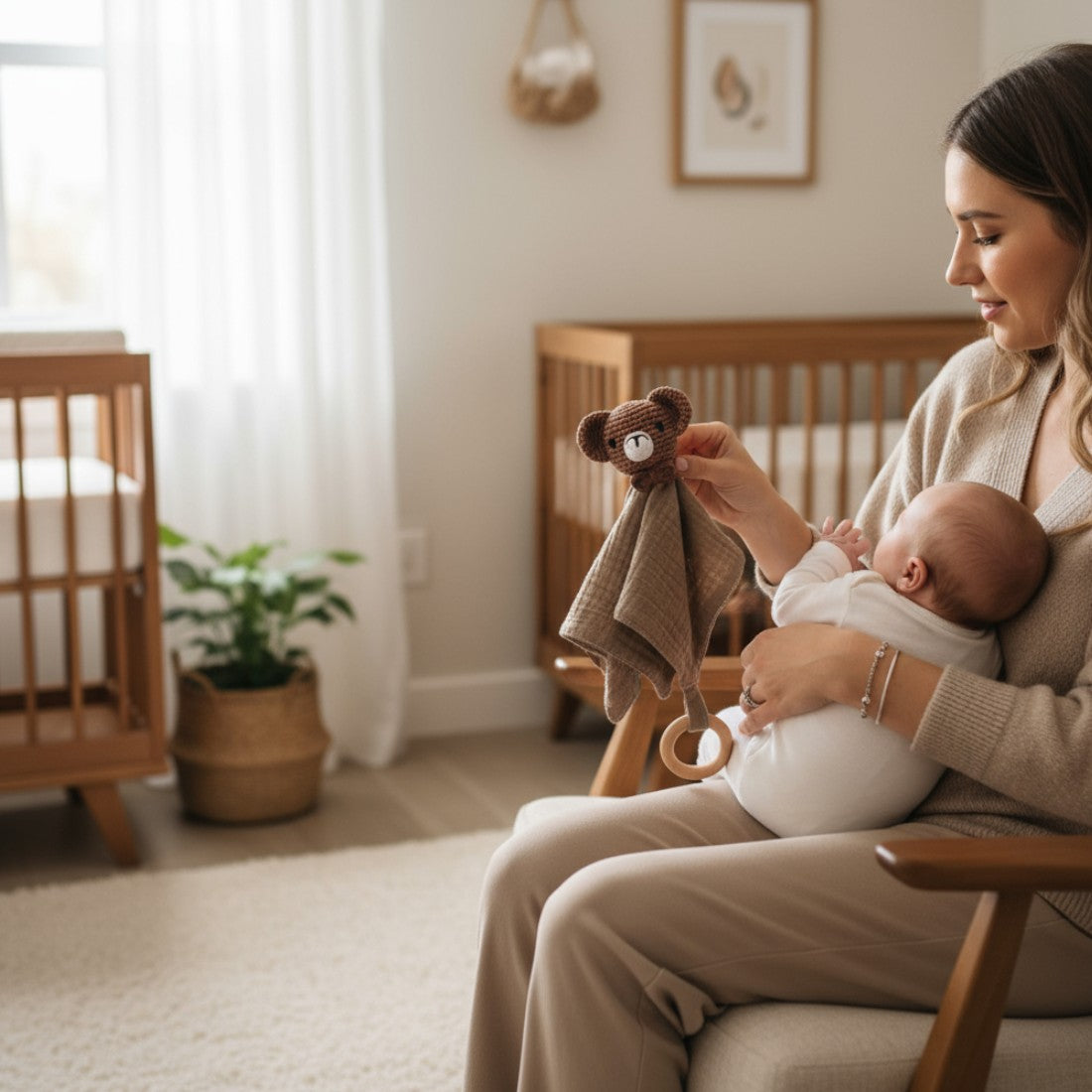 Peluche doudou plat tête ourson crochetée pour bébé