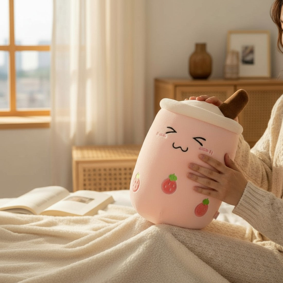 Peluche kawaii bubble milk tea à la fraise