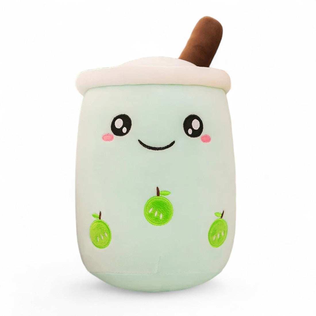 Peluche kawaii en forme de bubble tea pomme verte, présentée en deux tailles, au choix yeux ouverts ou yeux fermés.