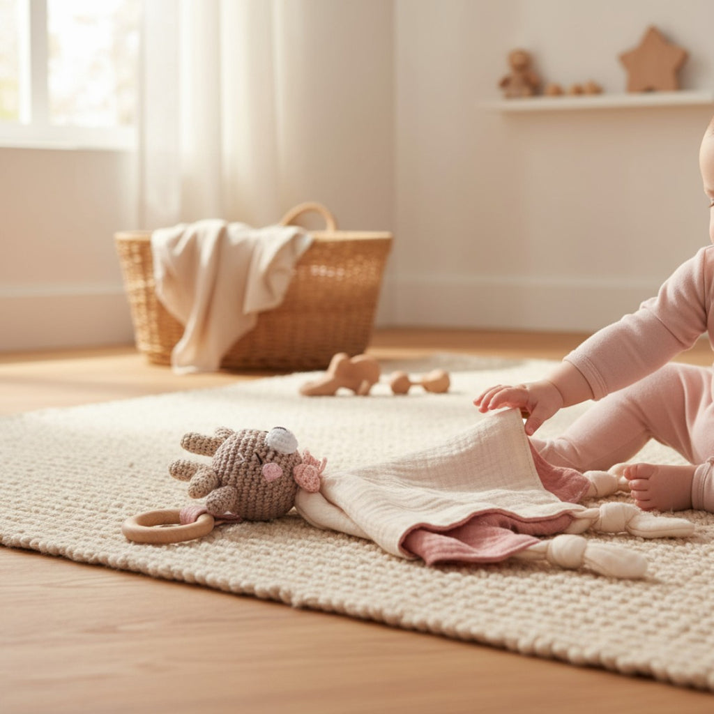Doudou plat cerf crocheté lange coton bicolore - sur un tapis avec un bébé
