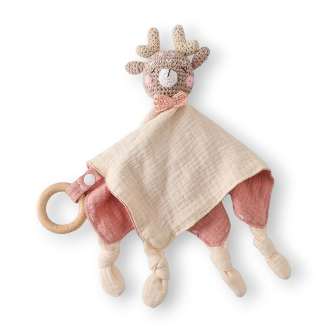 Doudou plat cerf crocheté lange coton bicolore - vue de face avec l'anneau