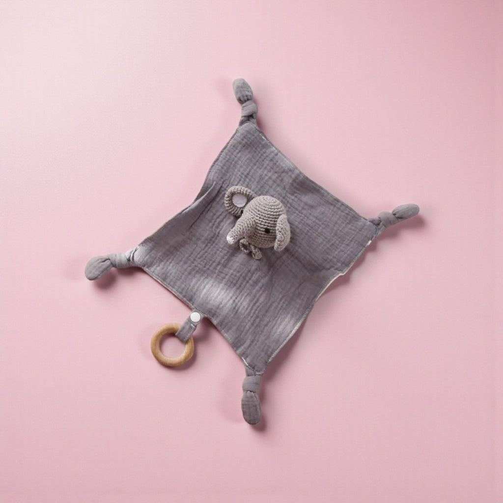 Doudou plat éléphant crocheté lange coton bicolore