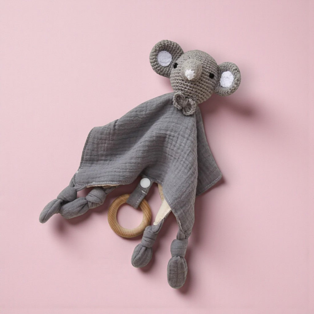 Doudou plat éléphant crocheté lange coton bicolore