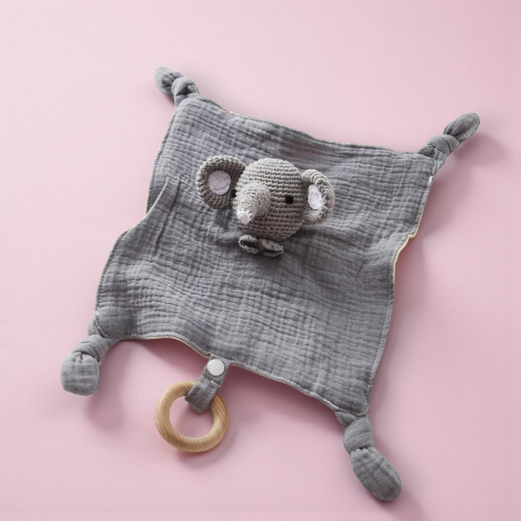Doudou plat éléphant crocheté lange coton bicolore