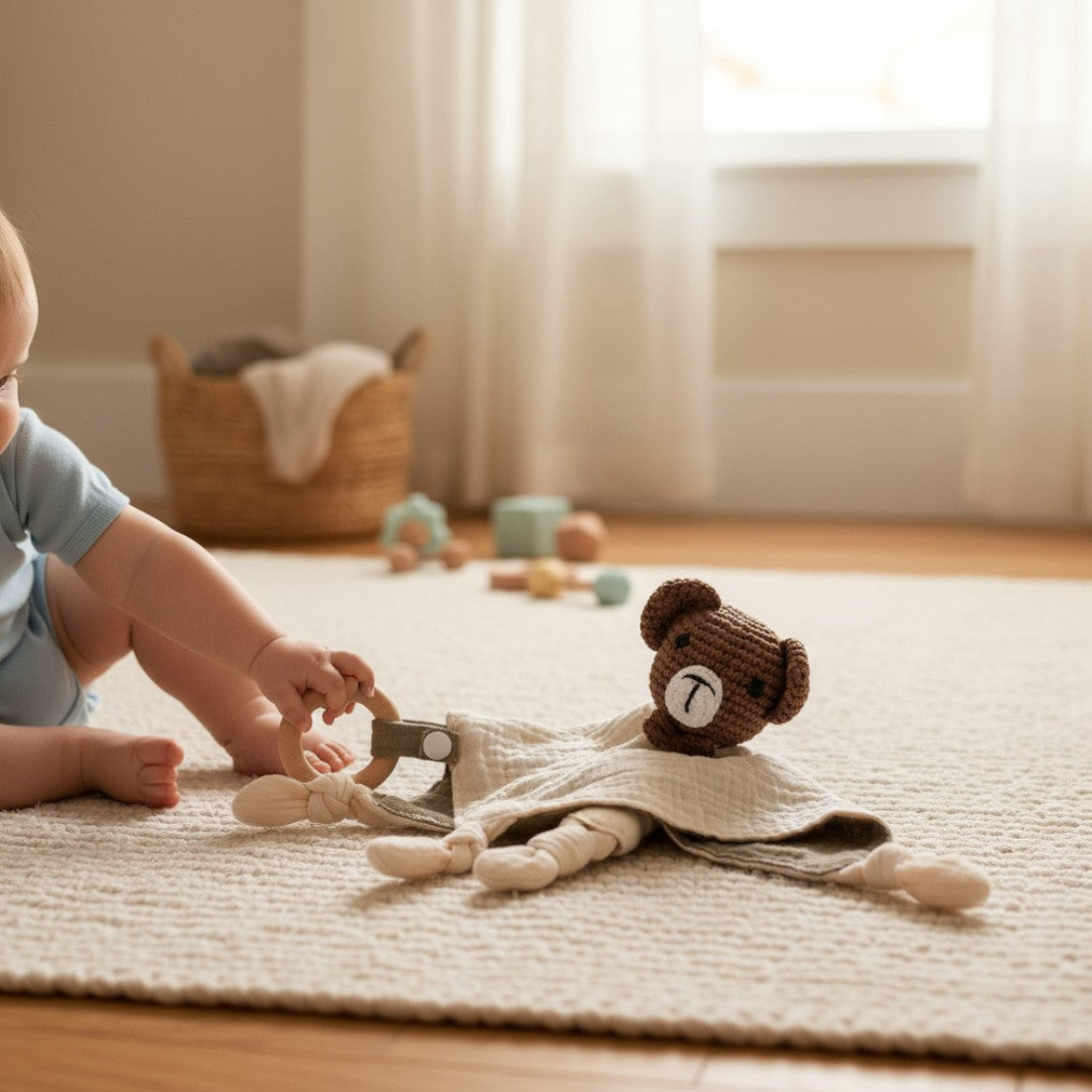 Doudou ours crocheté avec lange en coton bicolore