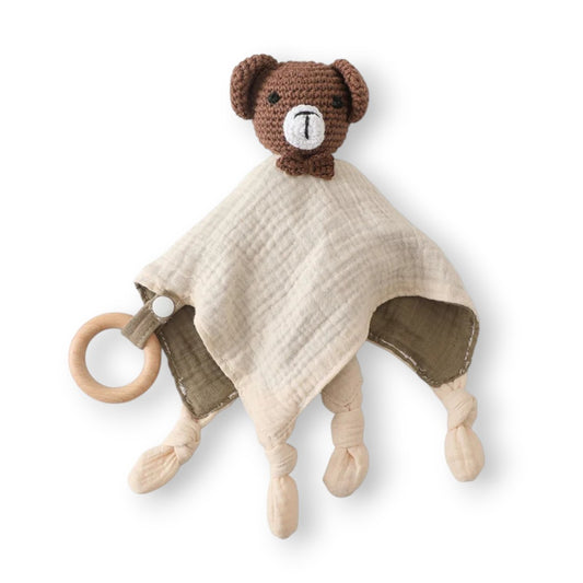 Doudou ours crocheté avec lange en coton bicolore
