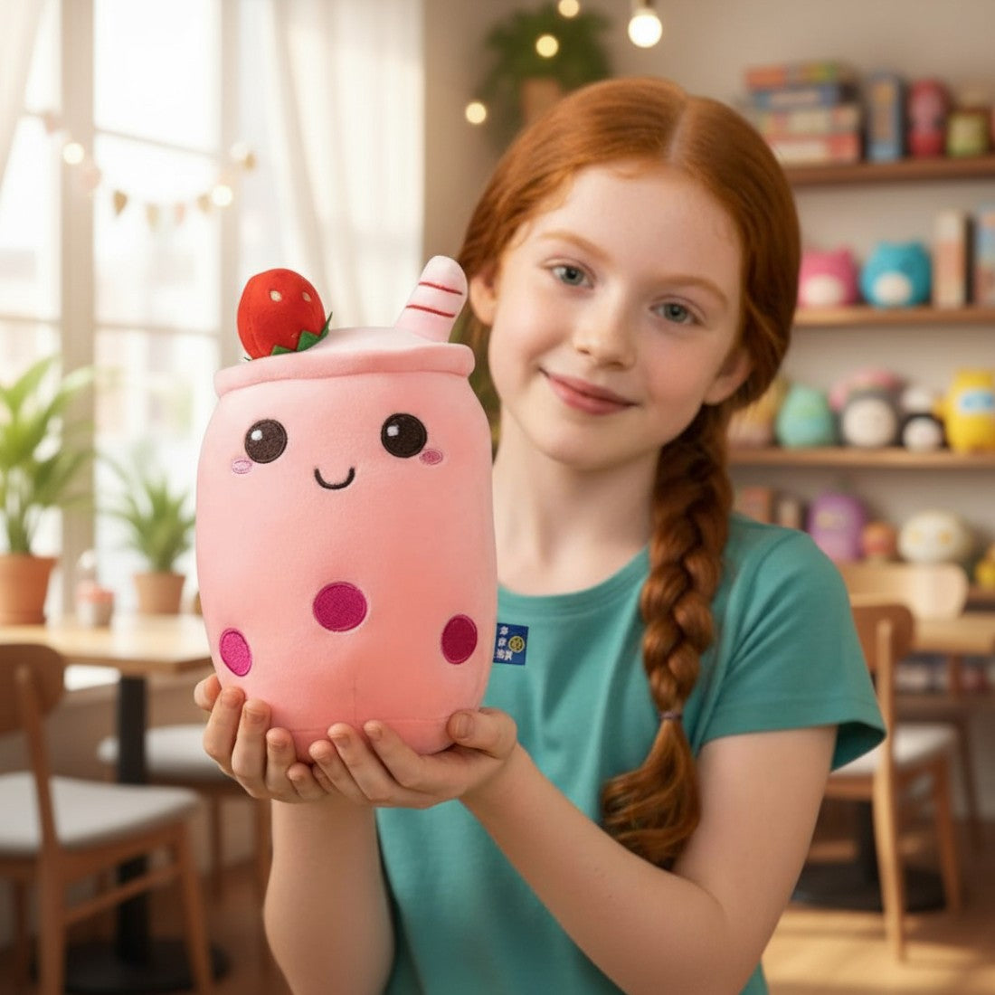 Peluche kawaii bubble tea fraise avec fruit