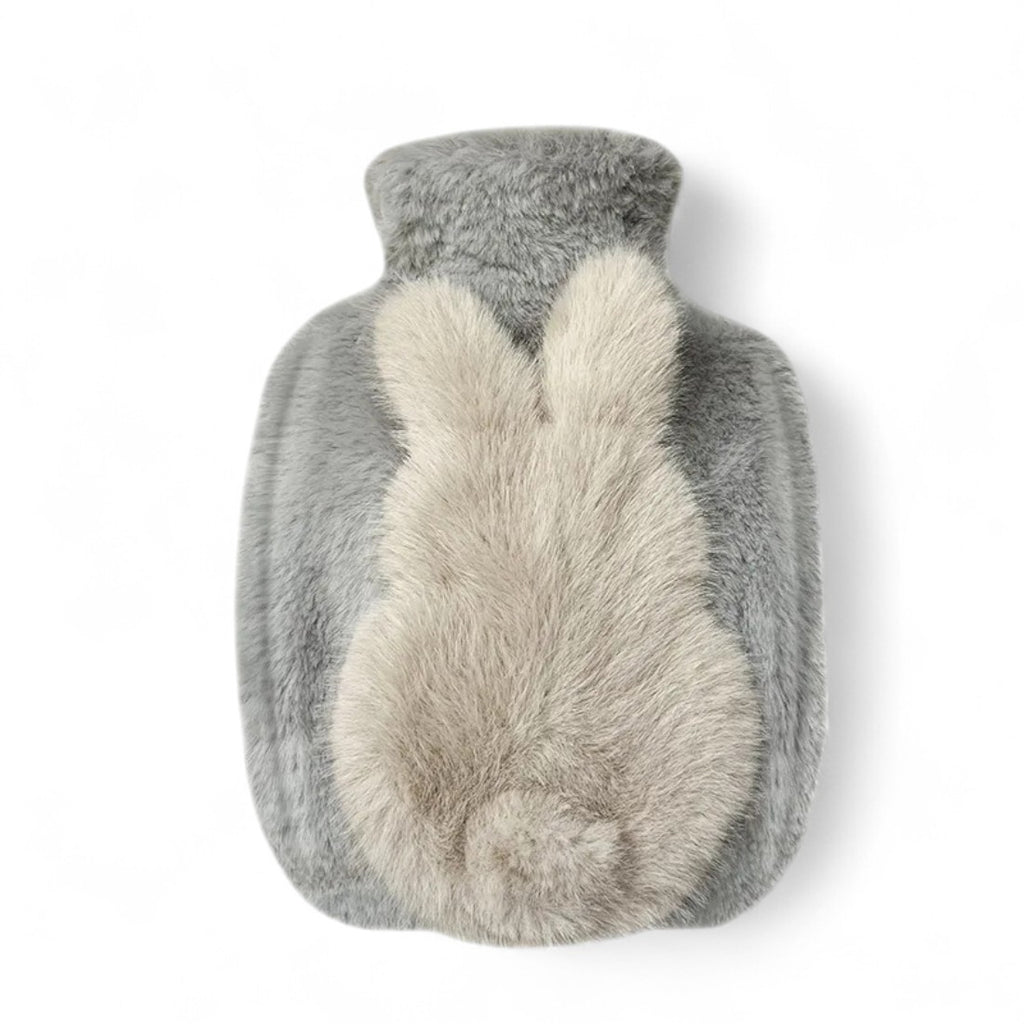 Bouillotte à eau en peluche douce avec petit lapin - coloris gris, lapin beige