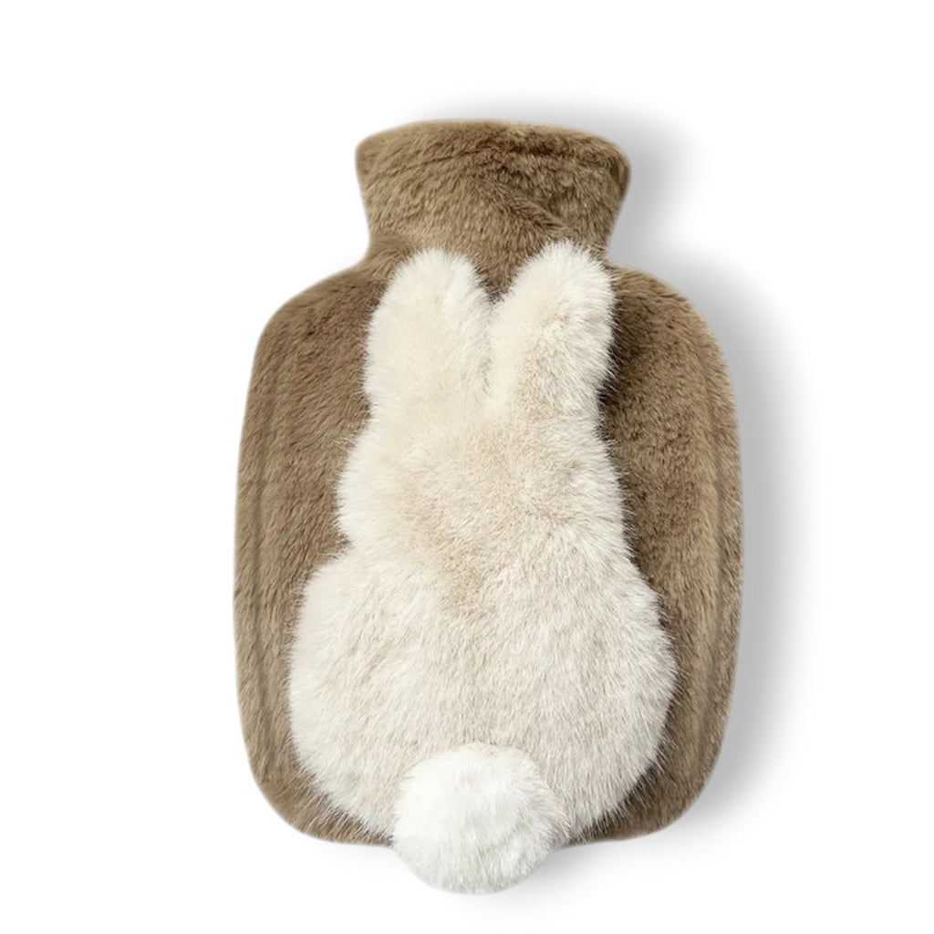Bouillotte à eau en peluche douce avec petit lapin - coloris marron, lapin crème