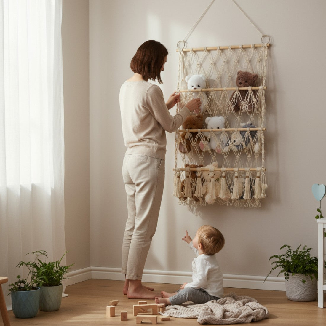 Range-peluches vertical macramé mural