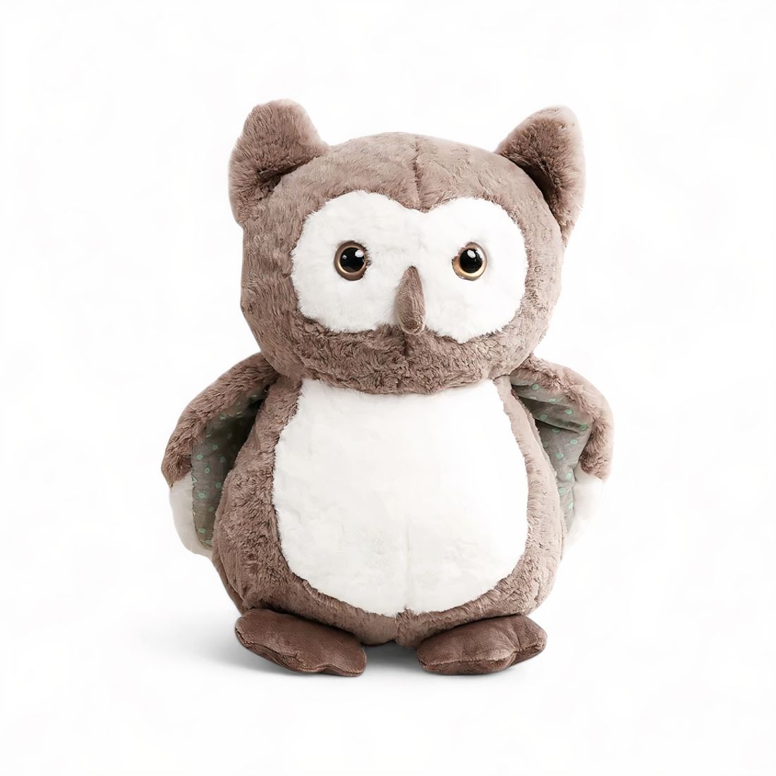 Peluche chouette grise et blanche, avec des gros yeux brillants marrons et un petit bec jaune, debout sur fond blanc.