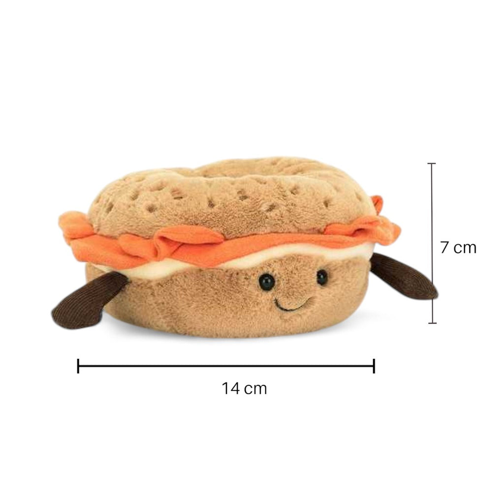 Peluche petit dej' kawaii bagel au saumon - vue de face, dimensions 14 × 7 cm
