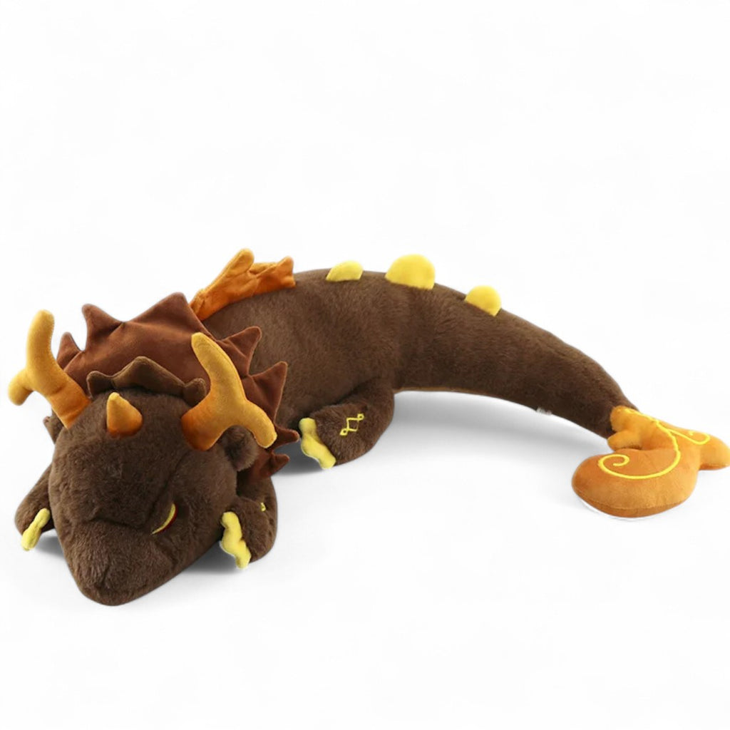 Dragon brun géant en peluche style mythique - vue de profil sur toute la longueur