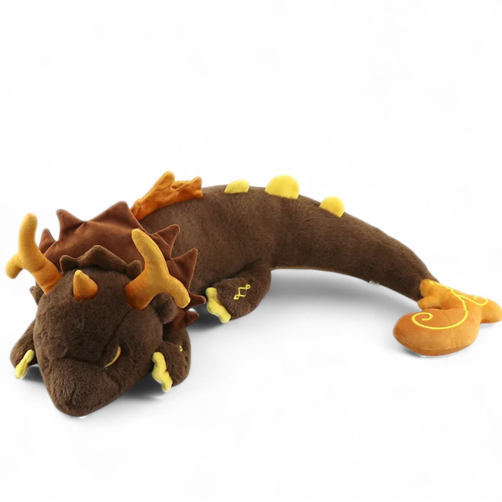 Dragon brun géant en peluche style mythique - vue de profil sur toute la longueur