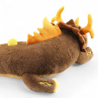Dragon brun géant en peluche style mythique - vue de trois-quarts arrière, crête sur le dos