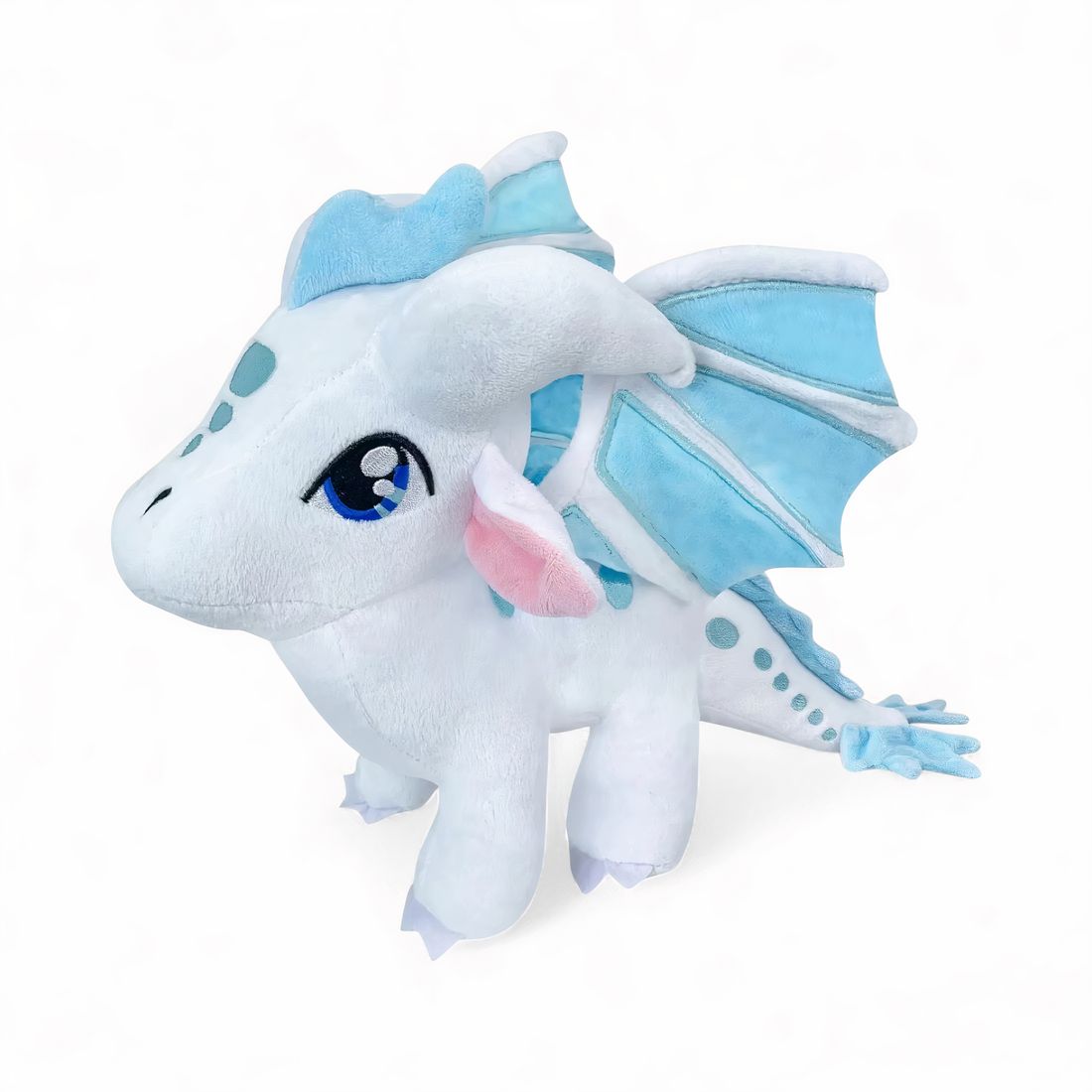 Peluche dragon féérique blanc céleste - vue de trois-quarts, ailes déployées