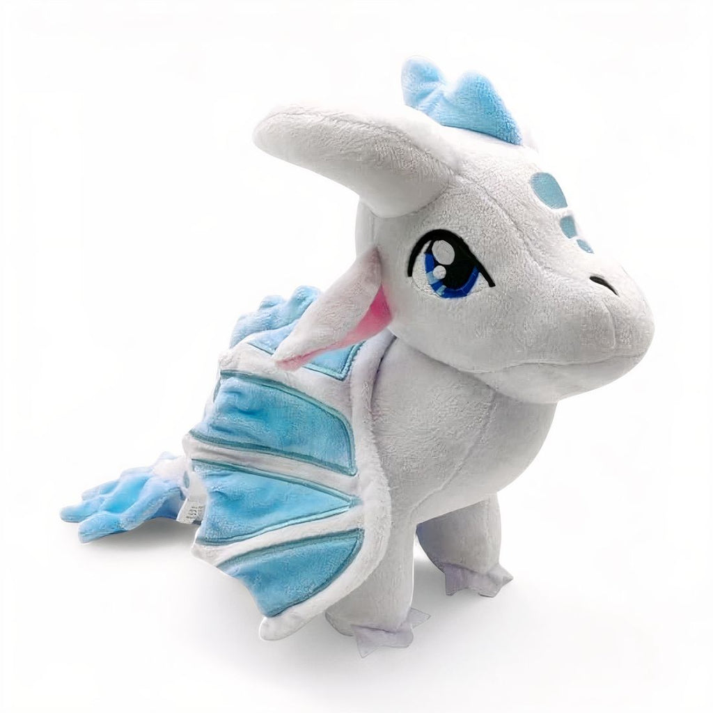 Peluche dragon féérique blanc céleste - vue de trois-quarts, aile repliée