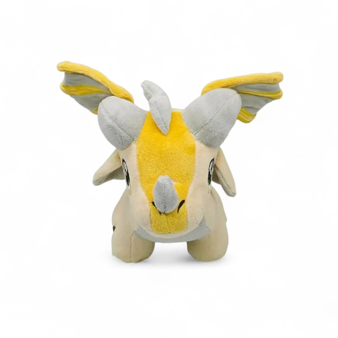 Peluche dragon féérique gris doré lumineux - vue de face, ailes déployées