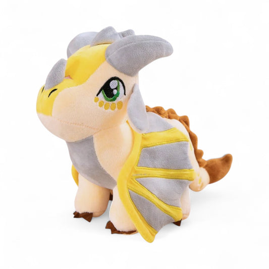 Peluche dragon gris clair et doré, cornes grises, ailes brodées jaunes, vue de face et de profil, sur fond blanc

