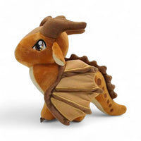 Peluche dragon féérique marron caramel - vue de profil, aile repliée