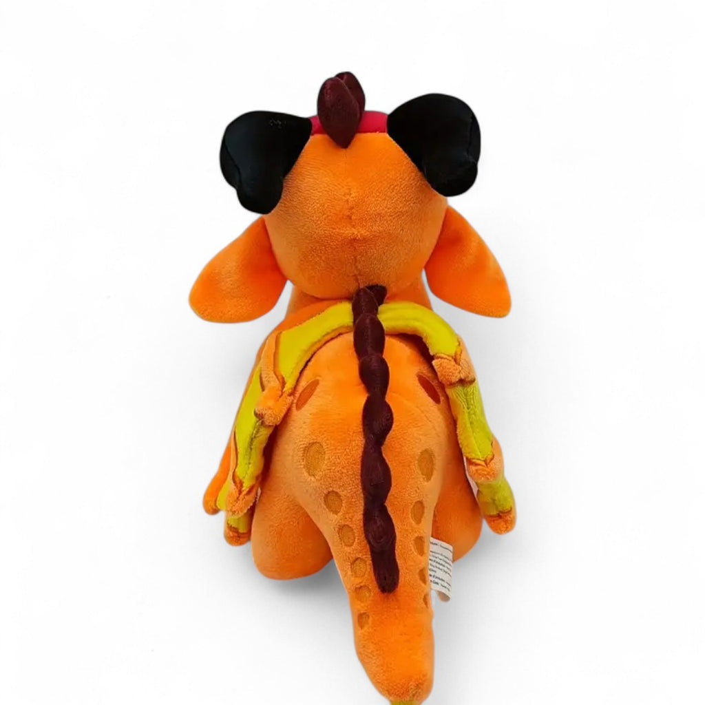Peluche dragon féérique orange flamboyant - vue de dos, crête et queue