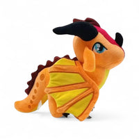 Peluche dragon féérique orange flamboyant - vue de profil, aile repliée