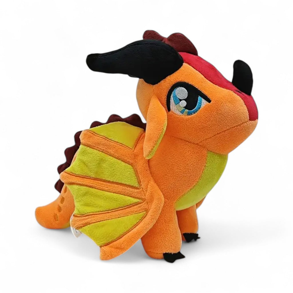 Peluche dragon féérique orange flamboyant - vue de trois-quarts, aile repliée