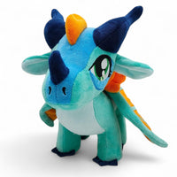 Peluche dragon féérique turquoise flamboyant - vue de trois-quarts avant, debout