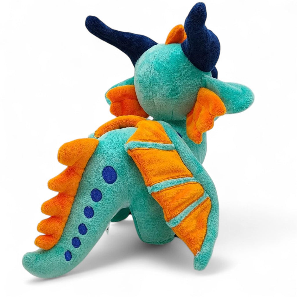 Peluche dragon féérique turquoise flamboyant - vue de trois-quarts arrière