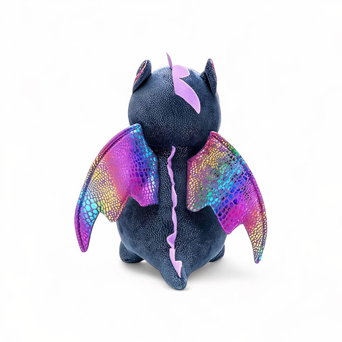 Peluche dragon mignon éclat magique - modèle bleu foncé de dos, ailes irisées