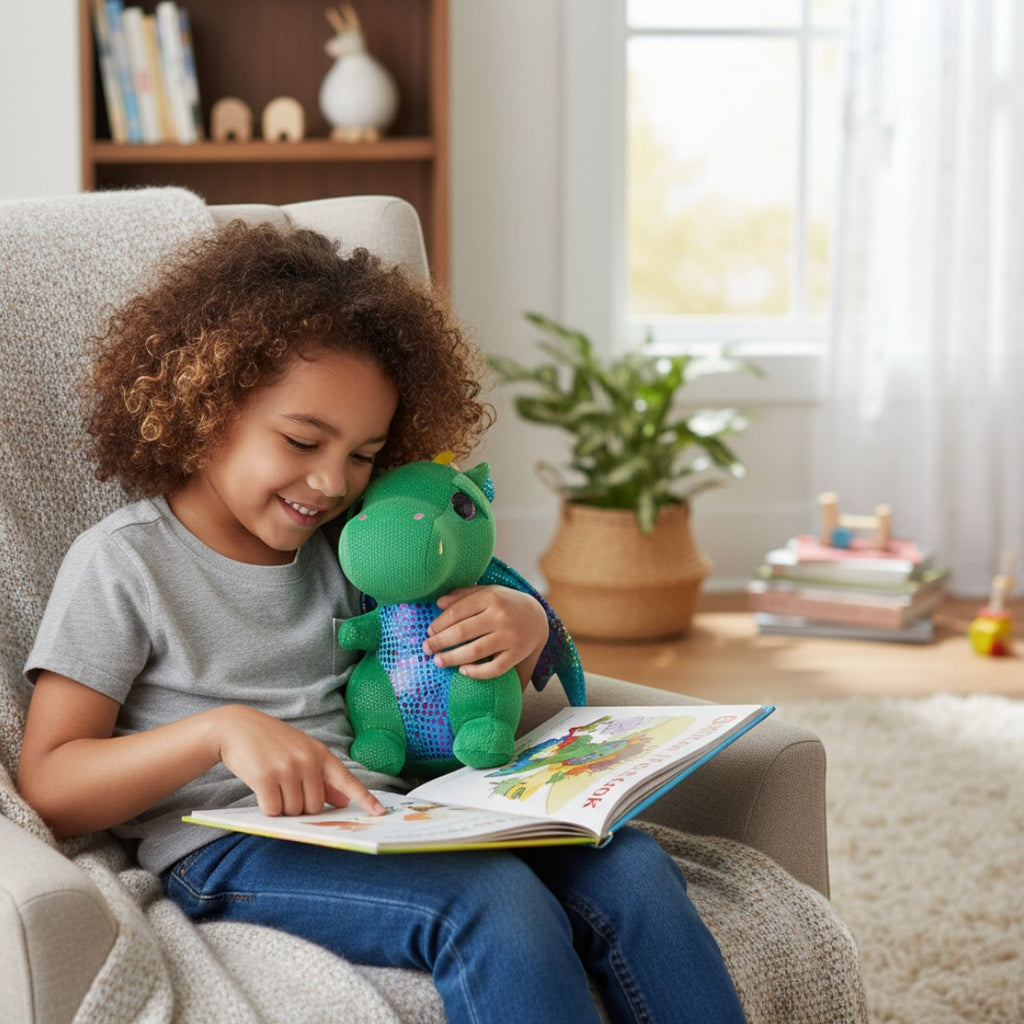 Peluche dragon mignon éclat magique - modèle vert tenu par un enfant qui lit
