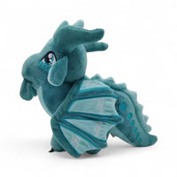 Peluche dragon féérique bleu azur - vue de profil, aile repliée