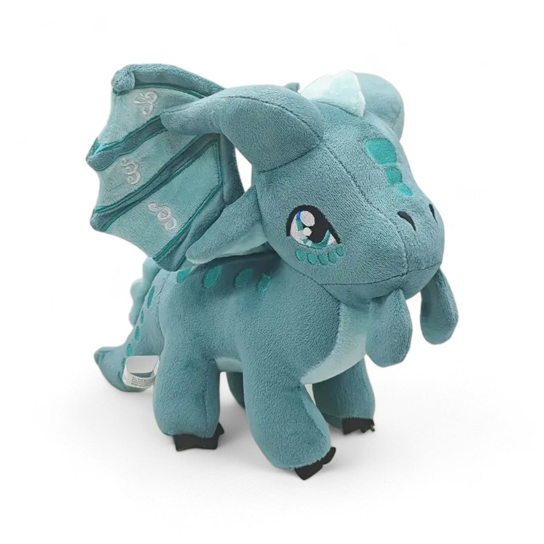 Peluche dragon féérique bleu azur - vue de trois-quarts, ailes relevées