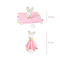 Doudou carré lapin minky pastel avec anneau de dentition - modèle rose, dimensions 28 et 37 cm