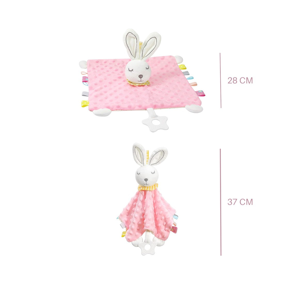 Doudou carré lapin minky pastel avec anneau de dentition - modèle rose, dimensions 28 et 37 cm