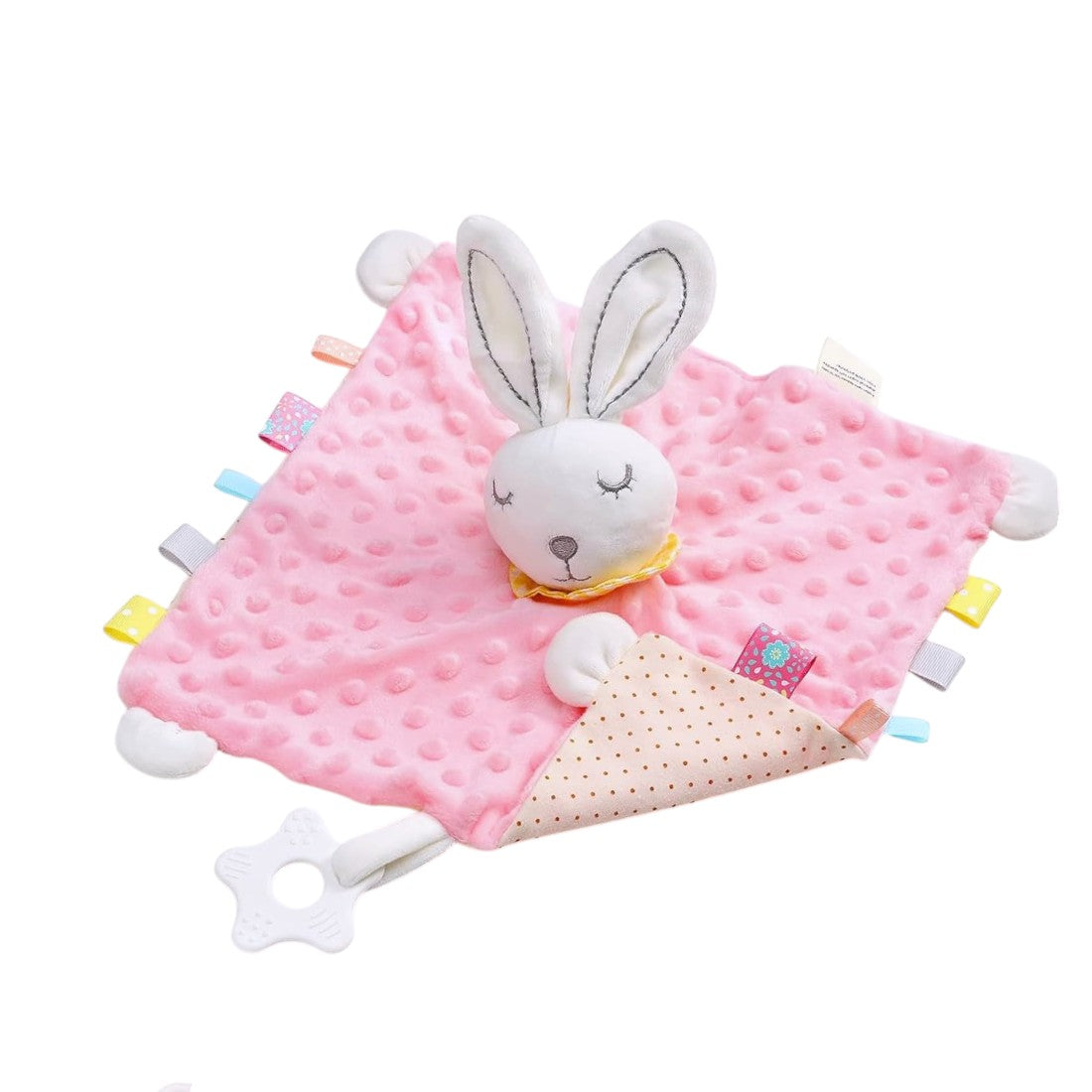 Doudou carré lapin minky pastel avec anneau de dentition - modèle rose de trois-quarts, envers à pois