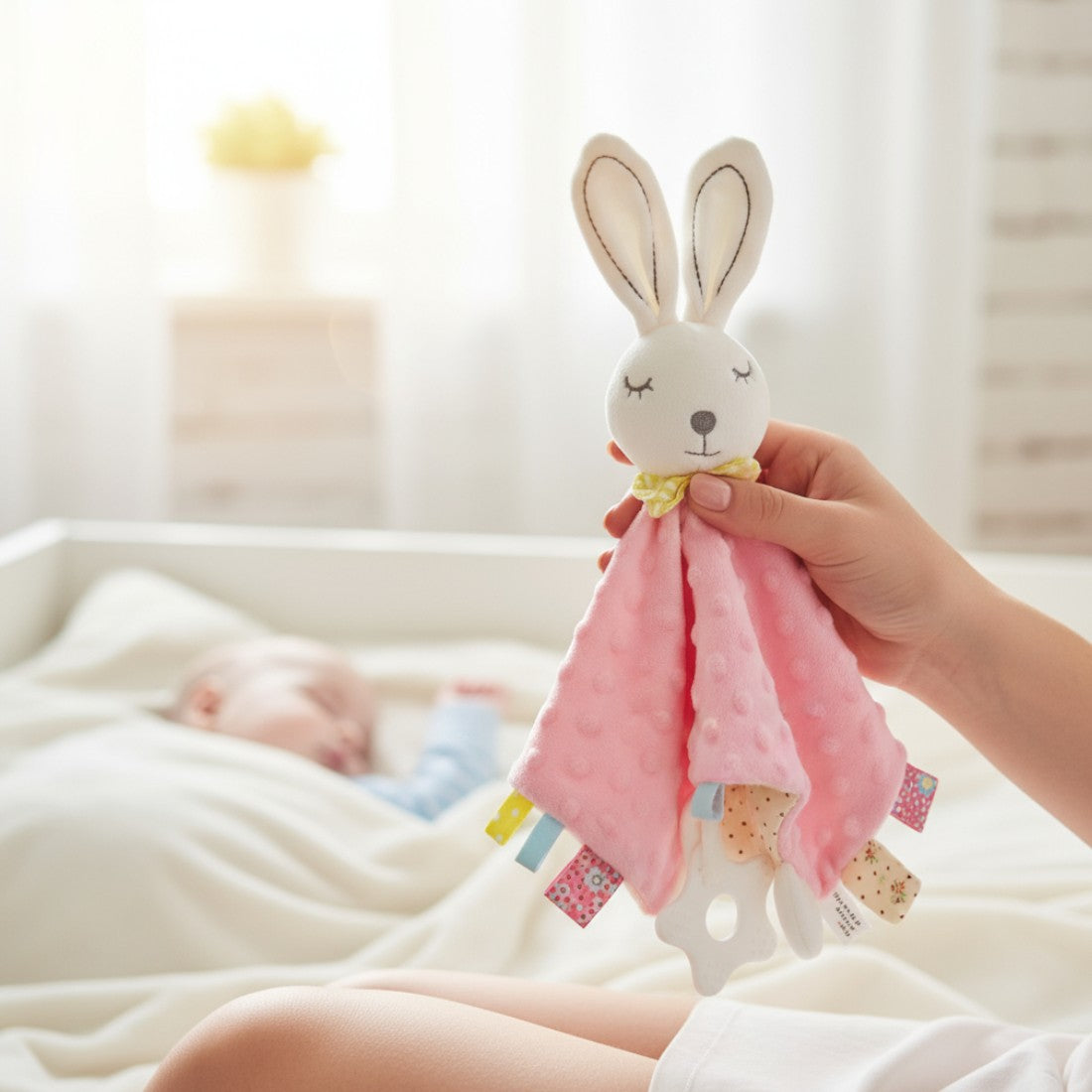 Doudou carré lapin minky pastel avec anneau de dentition