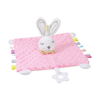 Doudou carré lapin minky pastel avec anneau de dentition - modèle rose à plat, vue de face