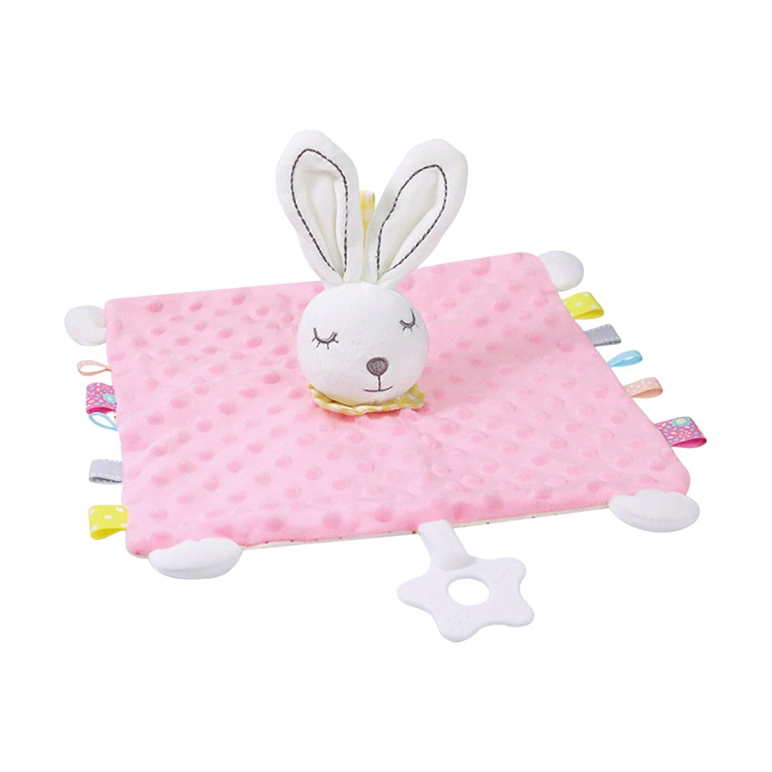 Doudou carré lapin minky pastel avec anneau de dentition - modèle rose à plat, vue de face