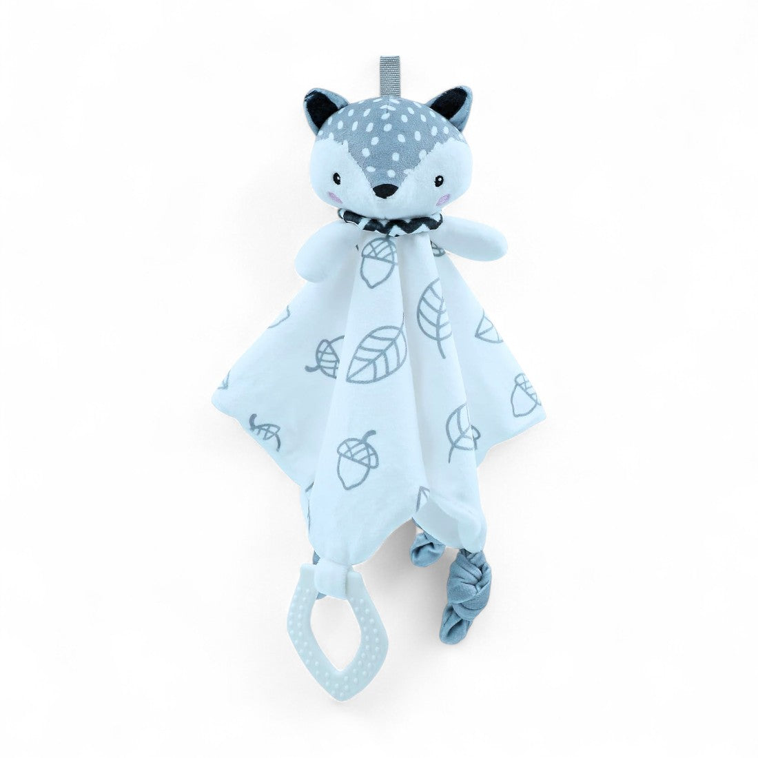Doudou carré blanc avec motifs gris de feuilles et glands, tête de renard peluche grise à pois blancs au centre, coins noués gris, anneau de dentition blanc fixé à un coin, sur fond blanc
