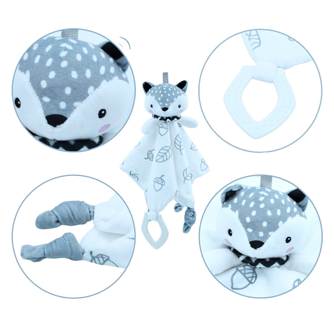 Doudou plat renard gris motifs feuilles pour bébé