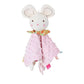 Doudou carré en tissu rose pastel minky à pois, tête de souris blanche brodée aux grandes oreilles, col fleuri coloré, étiquettes multicolores autour, anneau de dentition rose suspendu, posé sur fond blanc