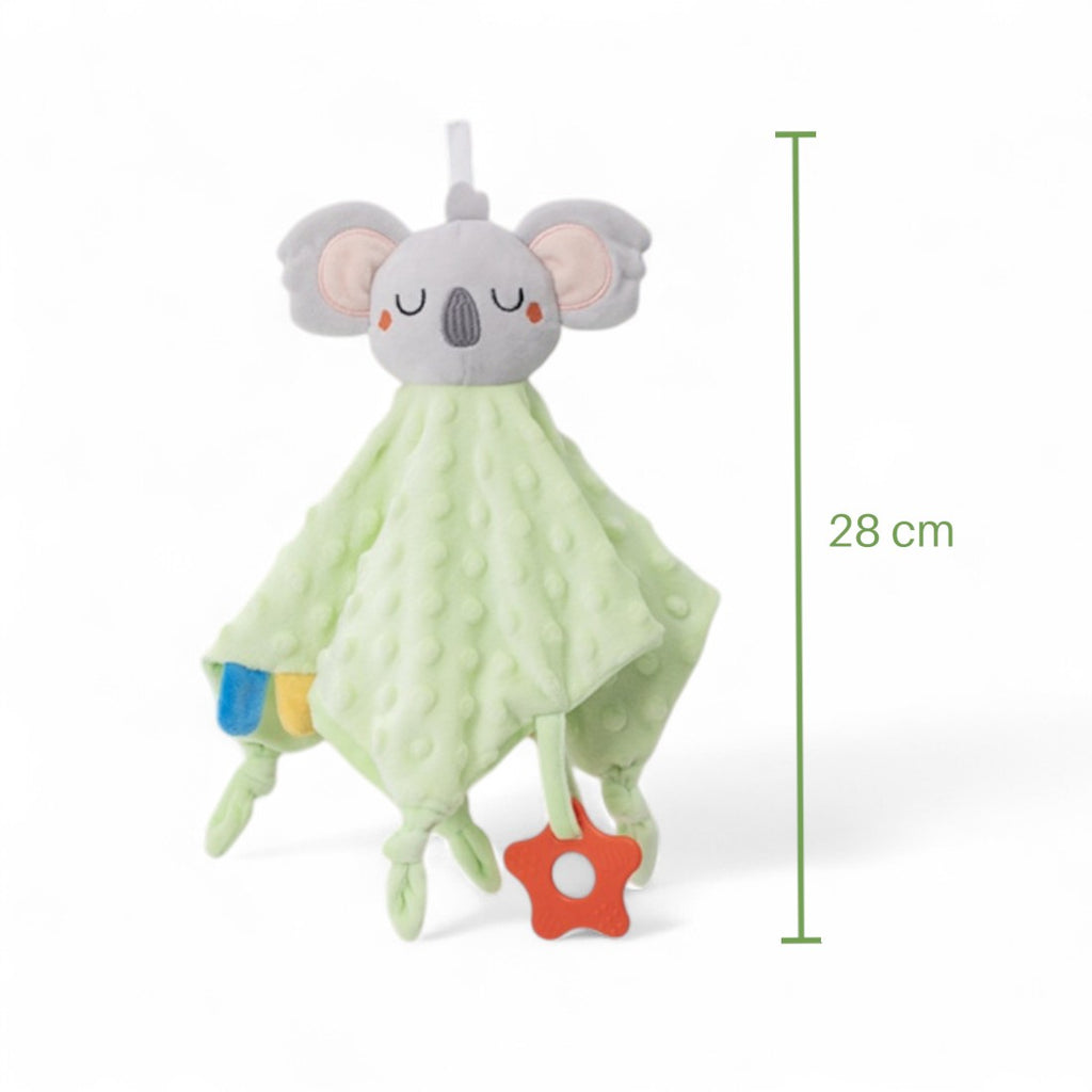 Doudou carré vert tête peluche koala avec anneau sensoriel - vue de face, hauteur de 28 cm