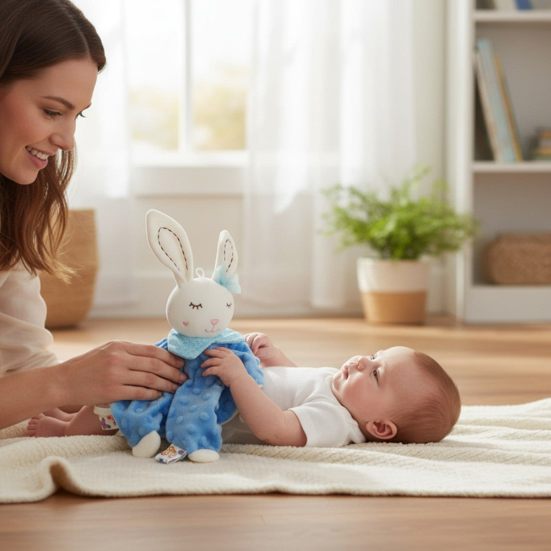 Doudou sensoriel carré lapin minky oreilles longues