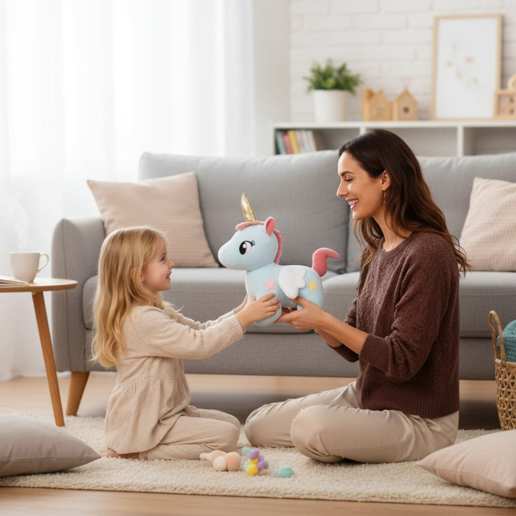 Licorne en peluche mignonne avec étoiles et ailes magiques