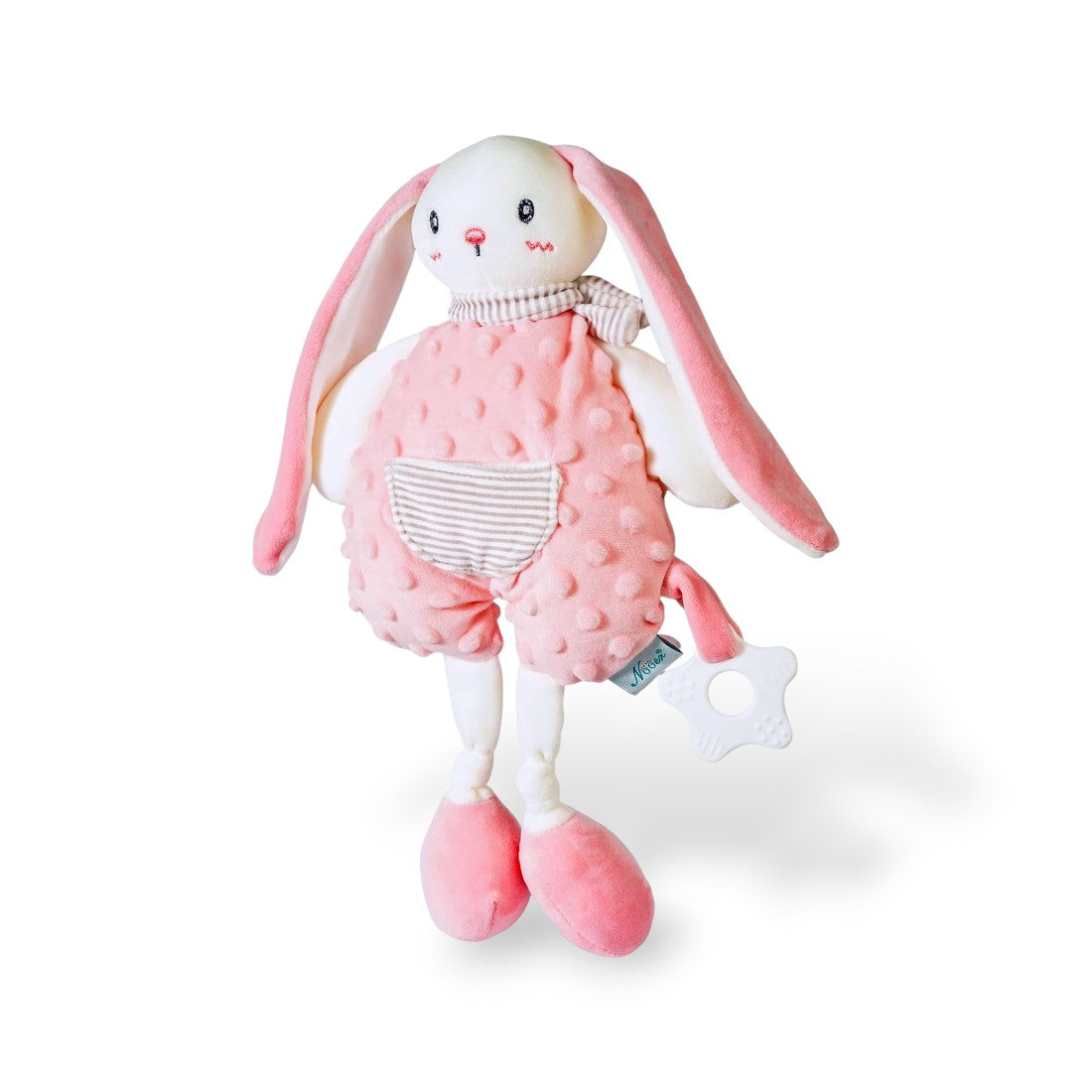 Peluche lapin rose à salopette à pois et col rayé