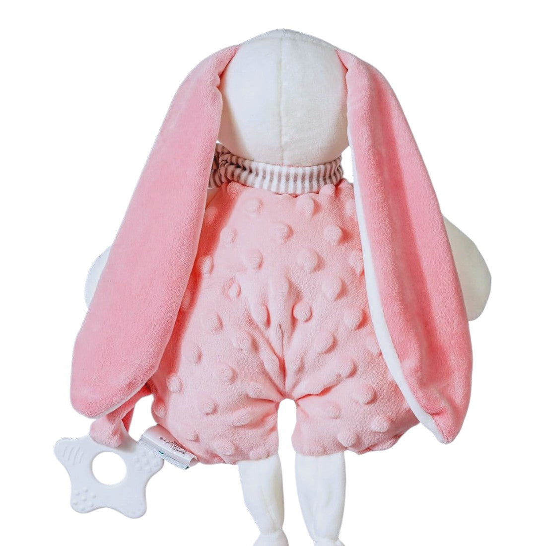 Peluche lapin rose à salopette à pois et col rayé