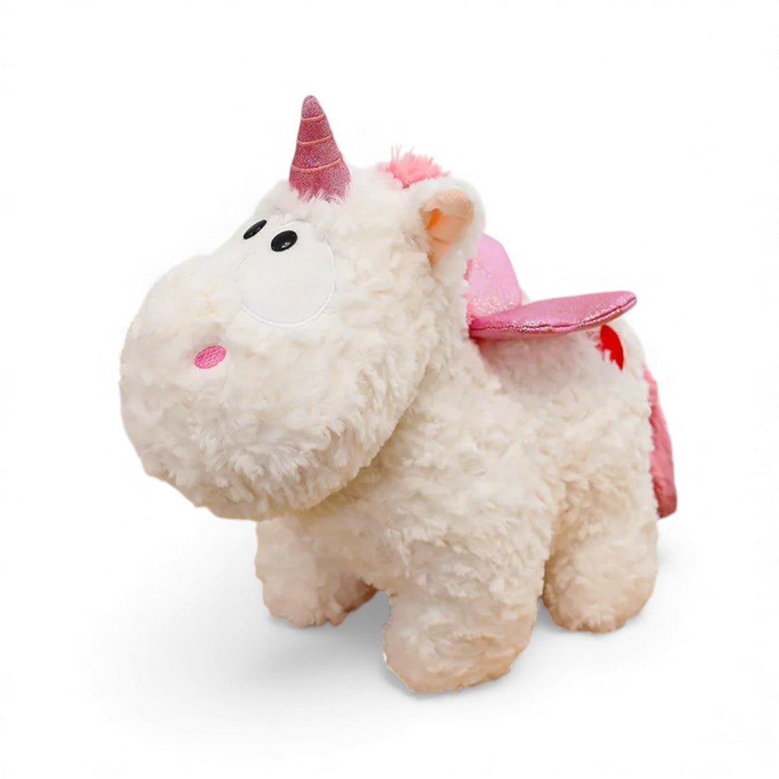 Peluche licorne rose pelage bouclé avec ailes brillantes