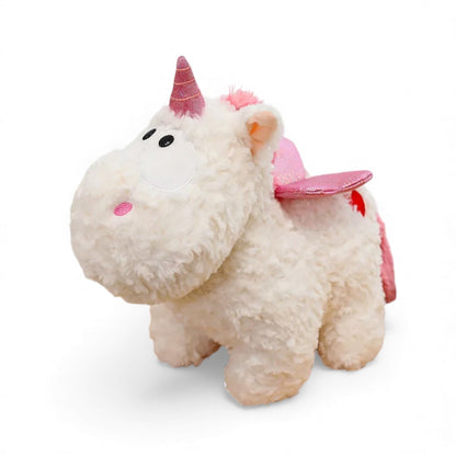 Peluche licorne rose pelage bouclé avec ailes brillantes