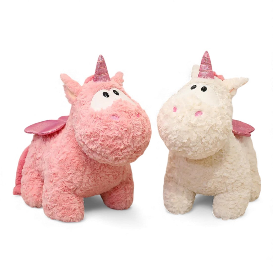 Peluche licorne rose pelage bouclé avec ailes brillantes